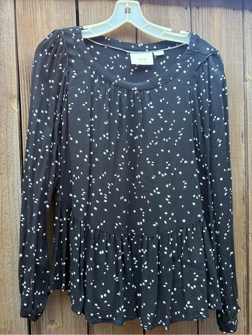 Anthropologie Black Long-Sleeve Peplum Top with White Speckle